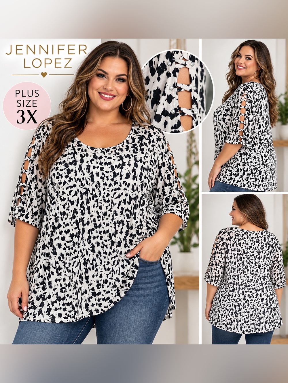 Jennifer Lopez Black White Leopard Studded Lattice Sleeve Top 3X